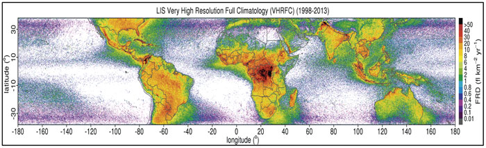 Figura 1. Mapa global densidad de rayos (FRD) histórico 1998-2013. Tomada de [2]