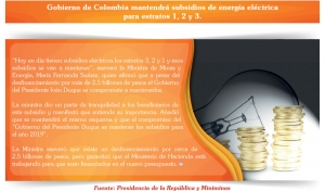 Gobierno de Colombia mantendrá subsidios de energía eléctrica para estratos 1, 2 y 3.
